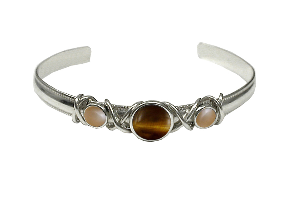 Sterling Silver Hand Made Cuff Bracelet With Tiger Eye And Peach Moonstone